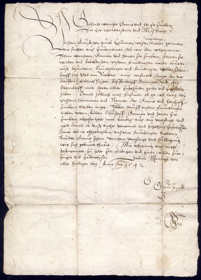 Letter from Count Gottfried Werner von Zimmern to the Mayor, Council, and Community of the City of Oberndorf and the Mayors, Judges, and Communities of the Villages of Waldmössingen, Beffendorf, Bochingen, and Altoberndorf, October 30, 1542; Kreisarchiv Ro by Gottfried Werner von Zimmern